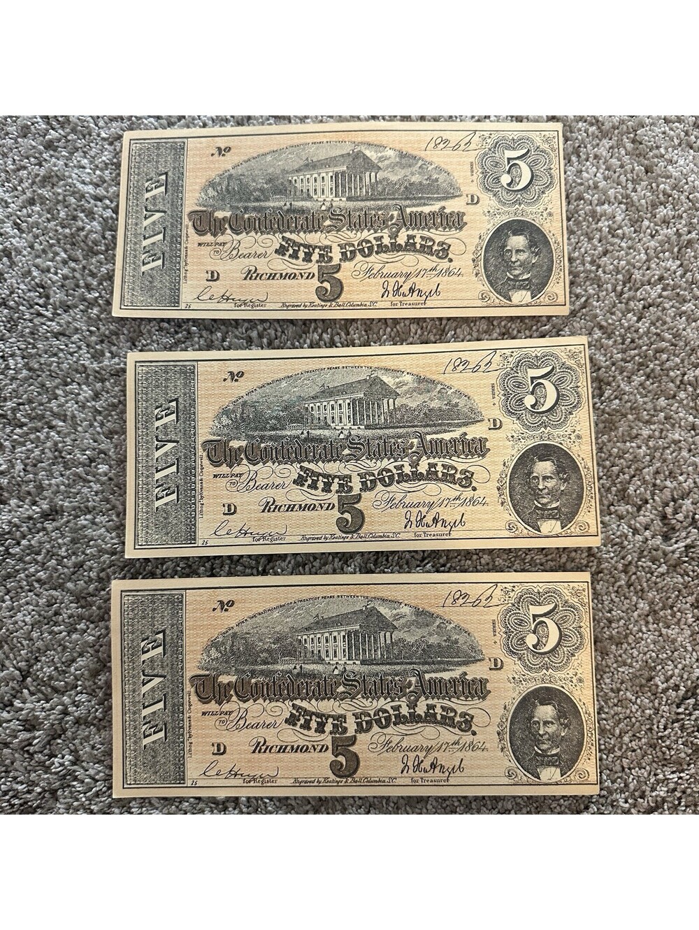 Lot Set Of 3 Confederate States of America $5 Bill  – Vintage Reproduction Note